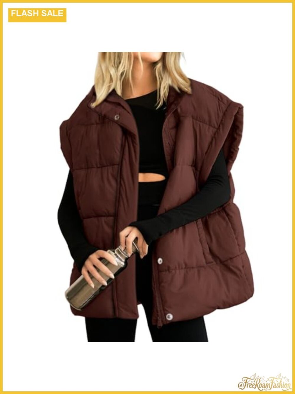 Oversized Quilted Puffer Vest Sleeveless Full Zip Warm Coat Outwear